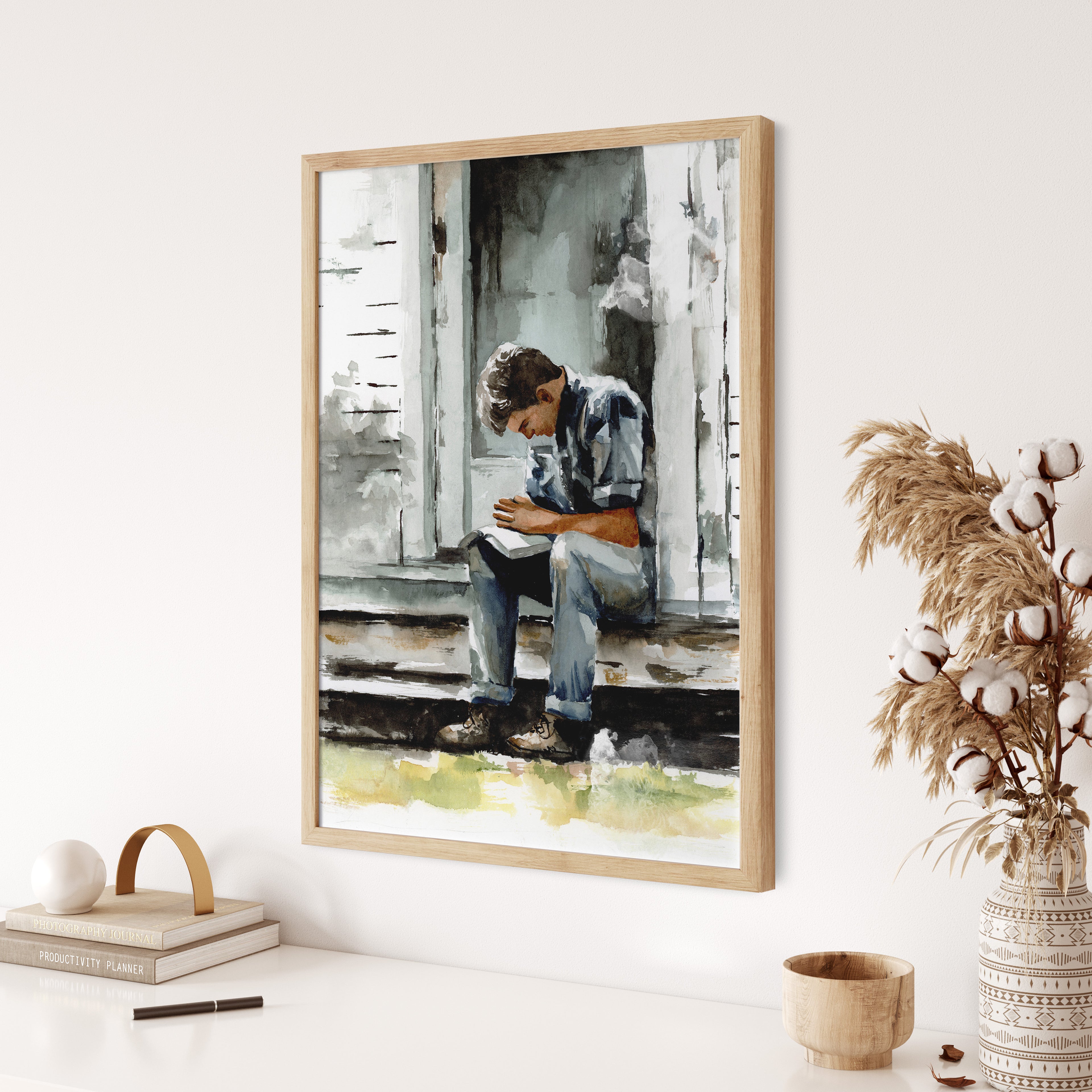 Watercolor Painting of a Christian Man Praying on a Porch | Faith and Prayer Artwork | Inspirational Christian Wall Art | Religious Home Decor