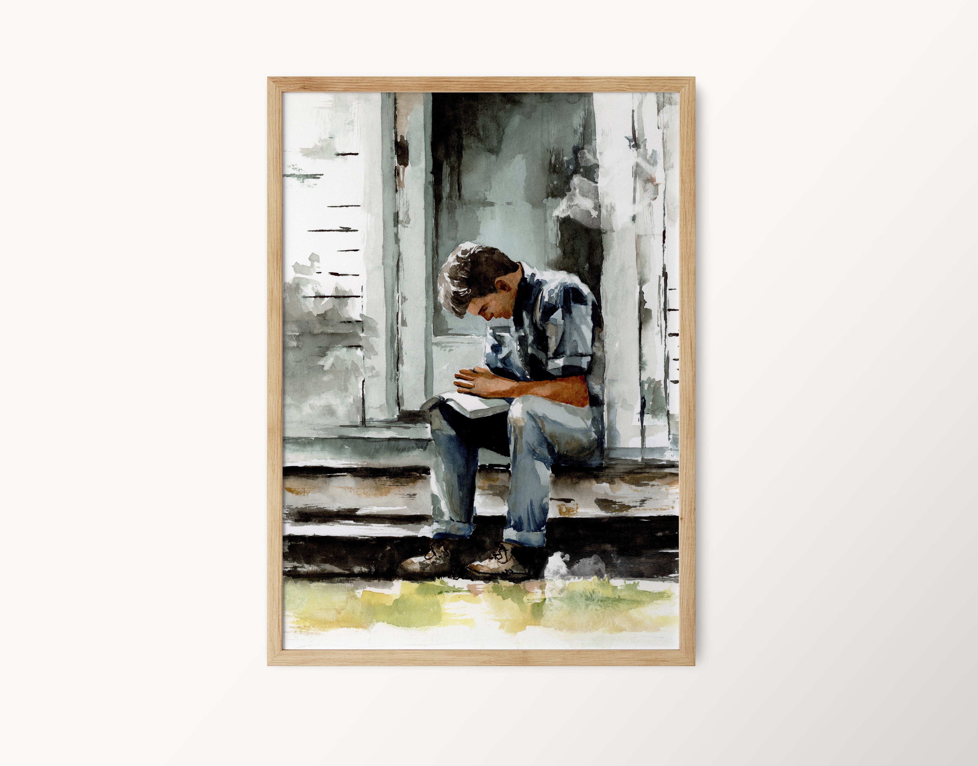 Watercolor Painting of a Christian Man Praying on a Porch | Faith and Prayer Artwork | Inspirational Christian Wall Art | Religious Home Decor