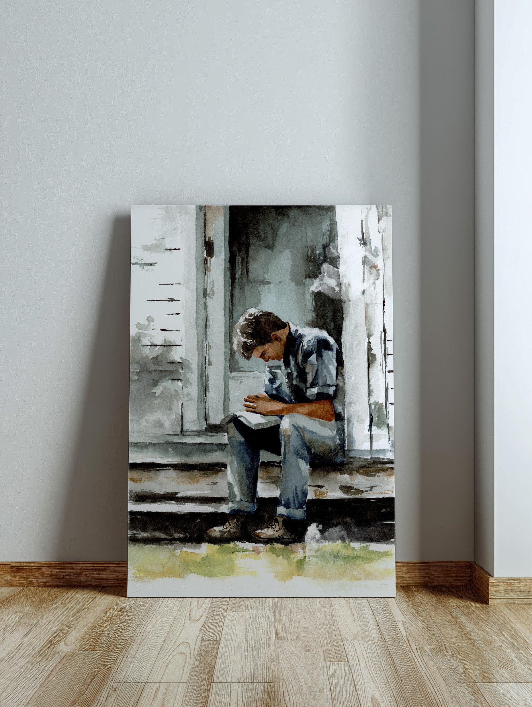 Watercolor Painting of a Christian Man Praying on a Porch | Faith and Prayer Artwork | Inspirational Christian Wall Art | Religious Home Decor