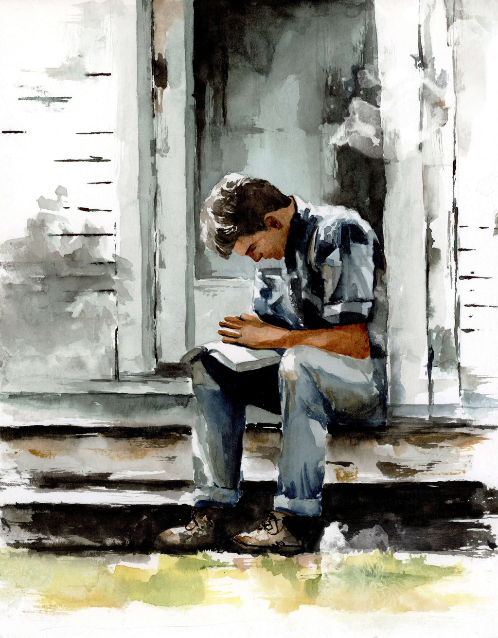 close up of a watercolor painting of a young man praying on a porch with scriptures open across his lap and gray shadows hitting the white house behind him