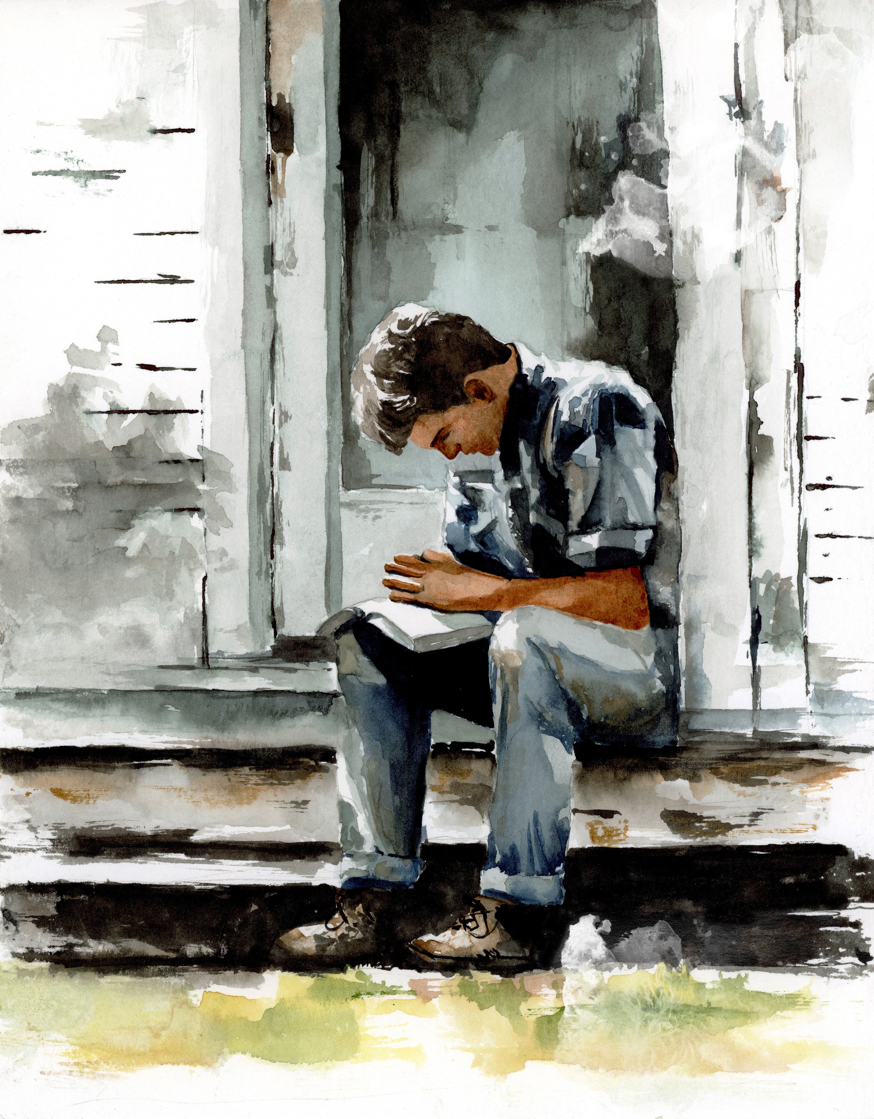 Watercolor Painting of a Christian Man Praying on a Porch | Faith and Prayer Artwork | Inspirational Christian Wall Art | Religious Home Decor