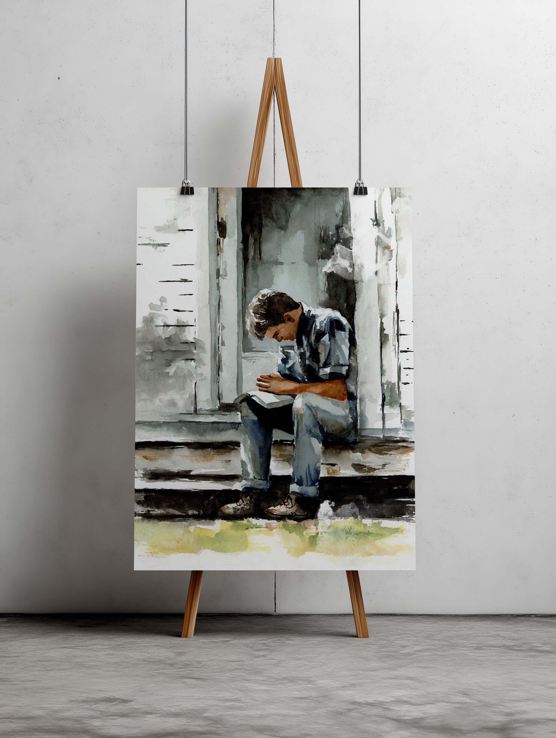 watercolor painting of a young man praying on a porch of a white house with gray shadows and light hitting the house and door behind him painting is large and sitting on a wood colored easel against a light colored wall and sitting on light gray carpet 