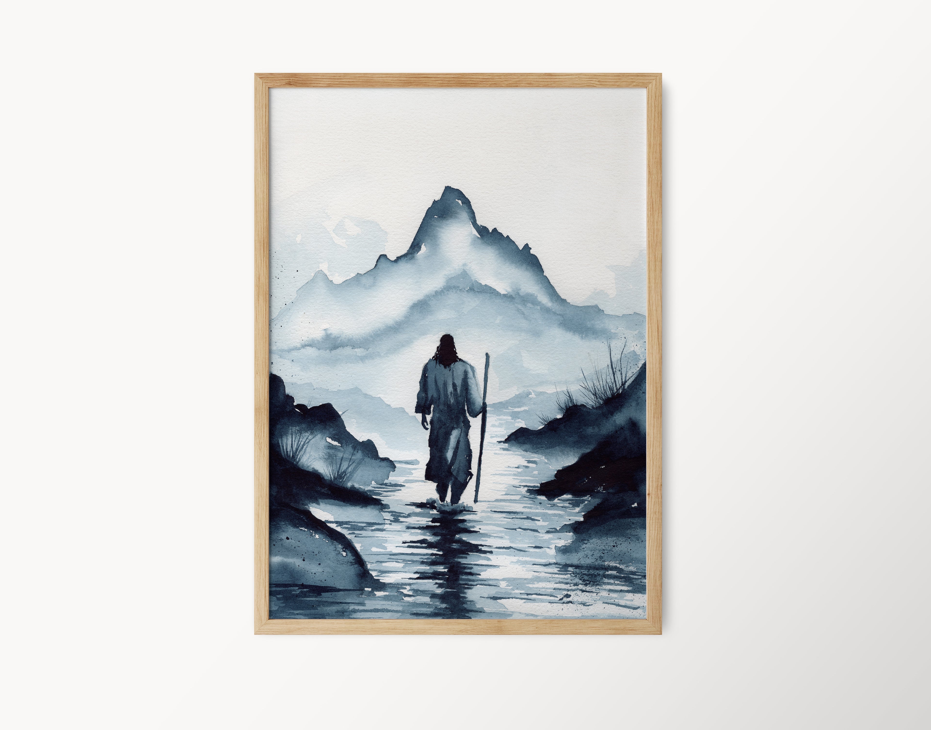 Watercolor Painting of Jesus Christ Walking with Mountains | Christian Wall Art | Inspirational Religious Painting | Faith Home Decor