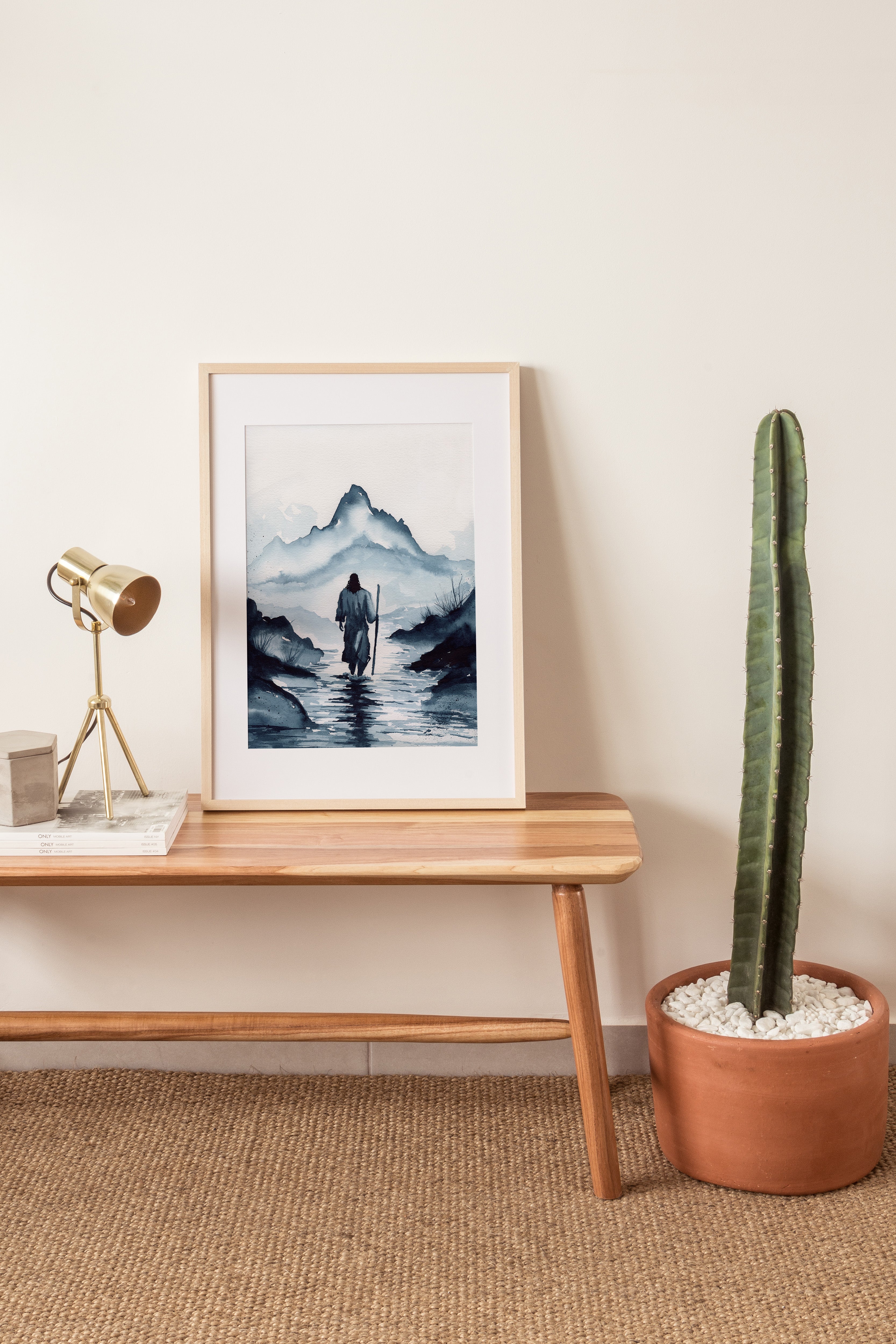 Watercolor Painting of Jesus Christ Walking with Mountains | Christian Wall Art | Inspirational Religious Painting | Faith Home Decor