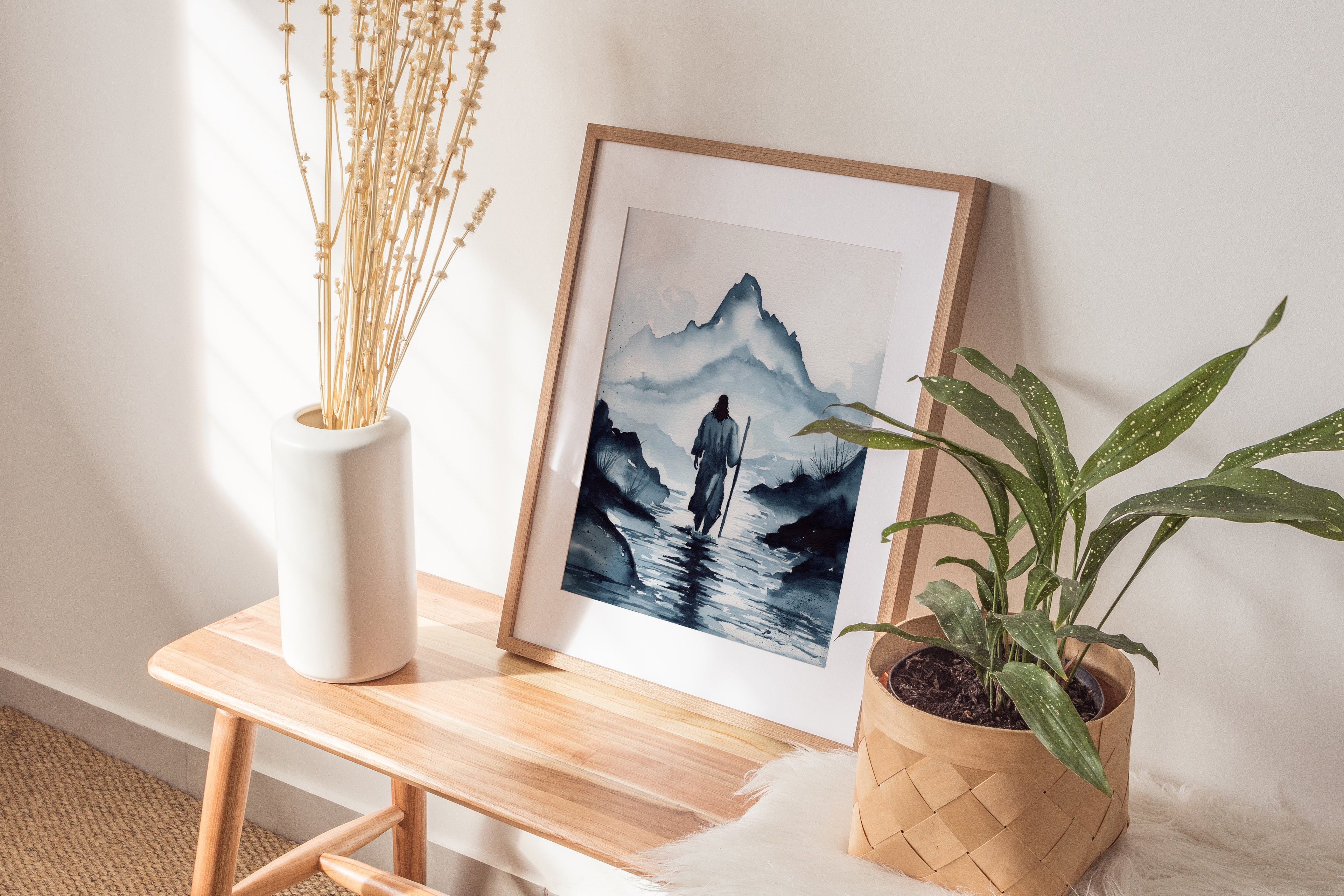 Watercolor Painting of Jesus Christ Walking with Mountains | Christian Wall Art | Inspirational Religious Painting | Faith Home Decor