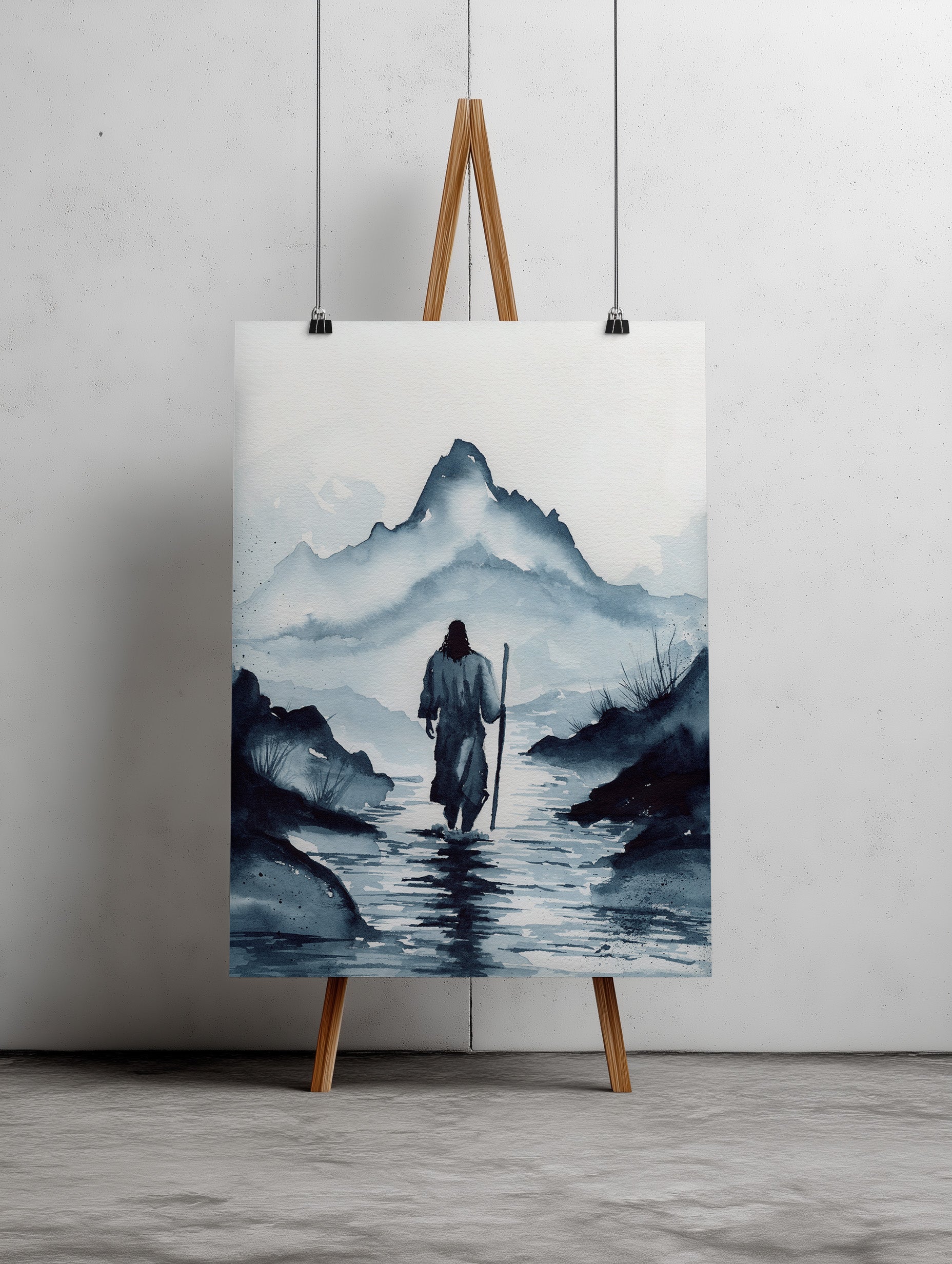 Watercolor Painting of Jesus Christ Walking with Mountains | Christian Wall Art | Inspirational Religious Painting | Faith Home Decor