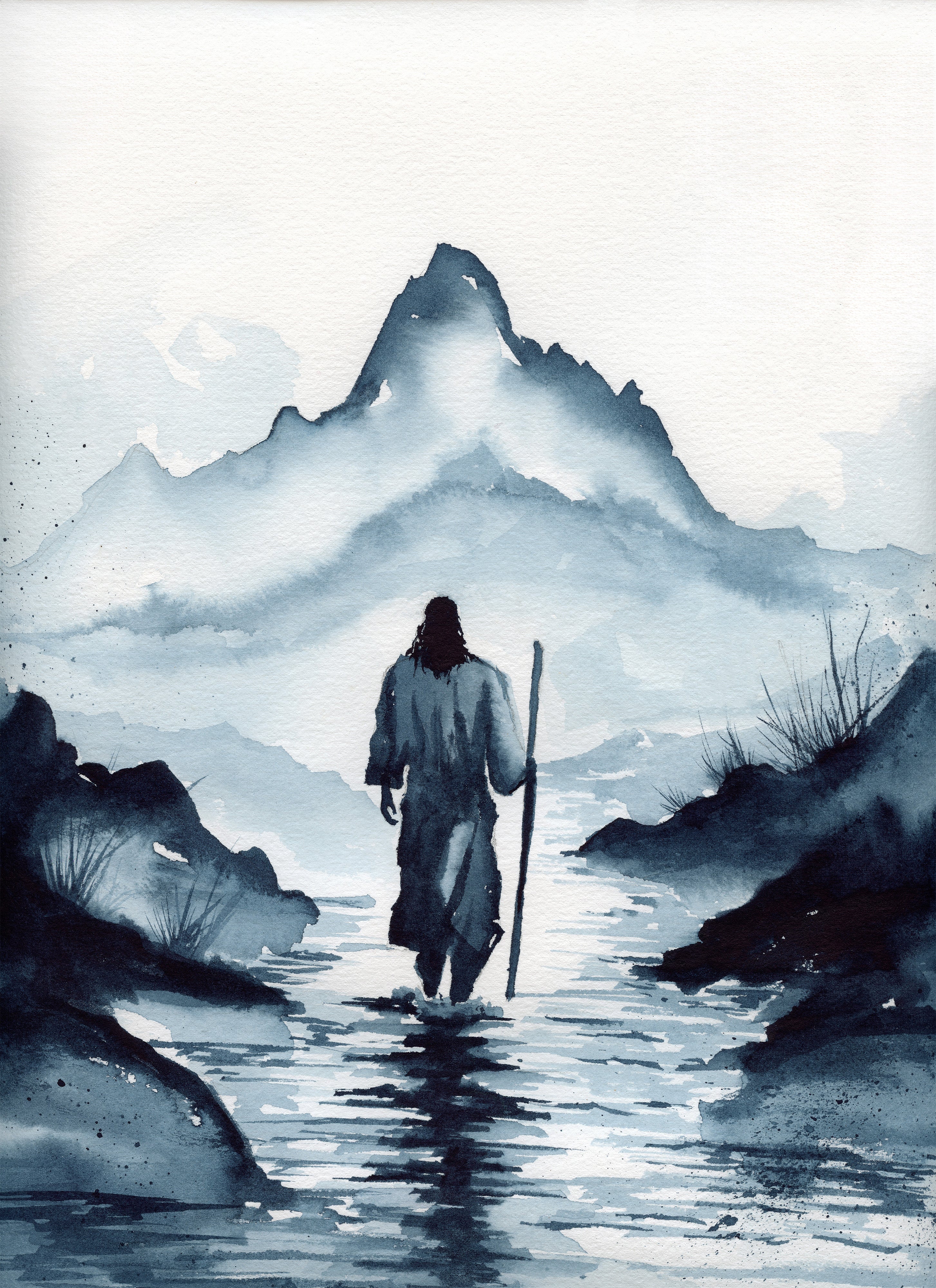 Watercolor Painting of Jesus Christ Walking with Mountains | Christian Wall Art | Inspirational Religious Painting | Faith Home Decor