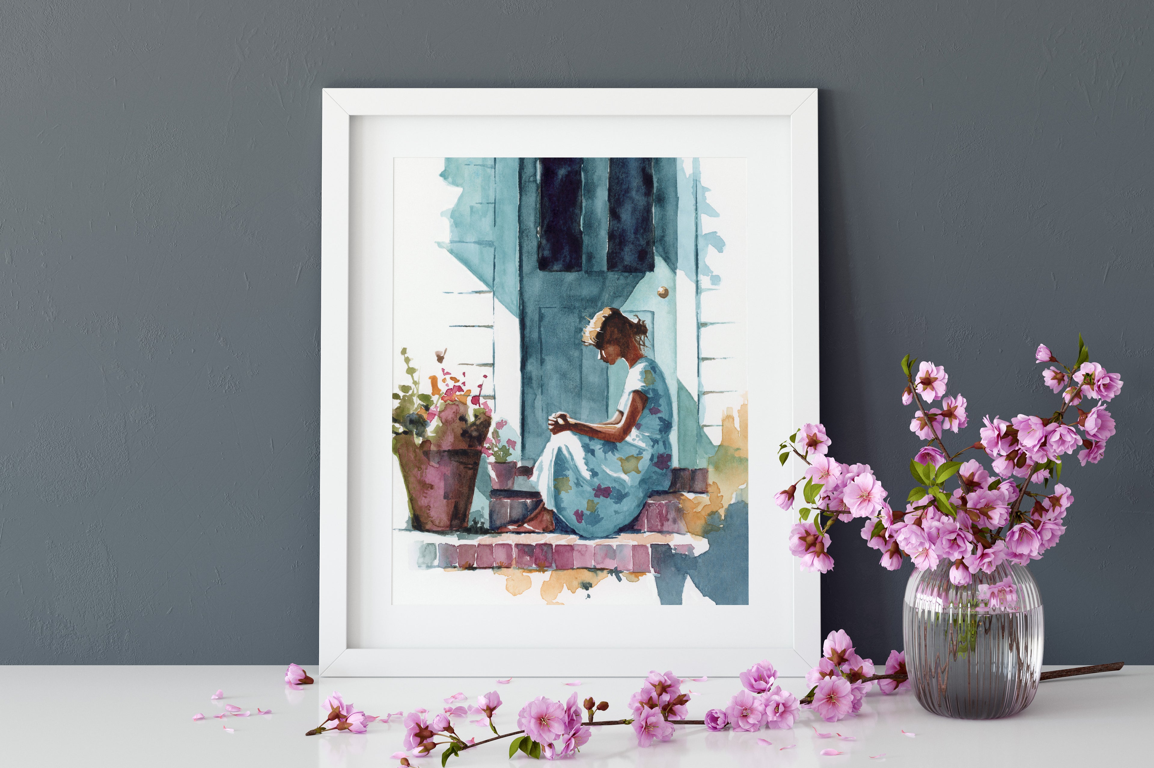 Watercolor Painting of a Christian Woman Praying on a Porch | Faith and Prayer Artwork | Inspirational Christian Wall Art | Religious Home Decor
