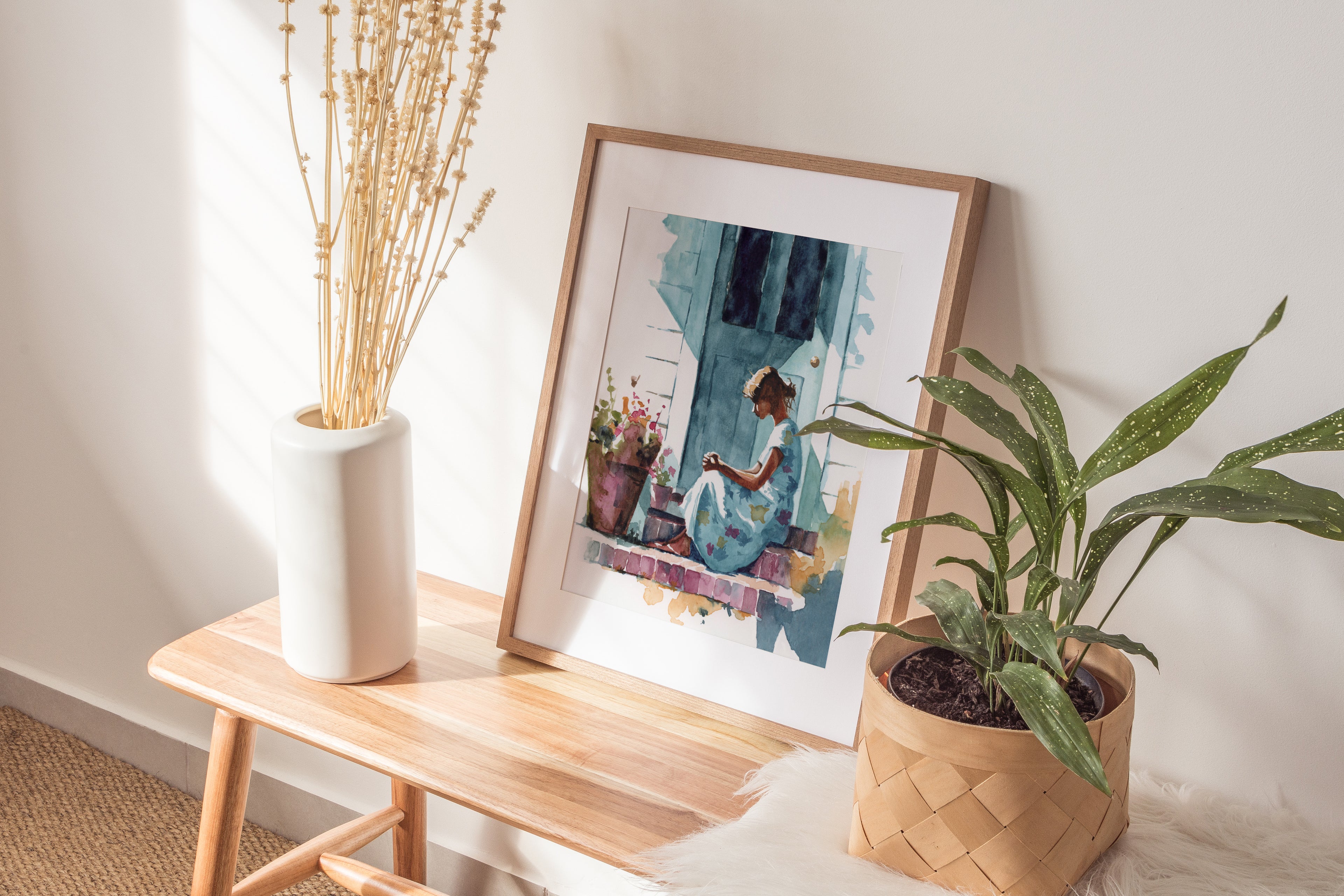 Watercolor Painting of a Christian Woman Praying on a Porch | Faith and Prayer Artwork | Inspirational Christian Wall Art | Religious Home Decor