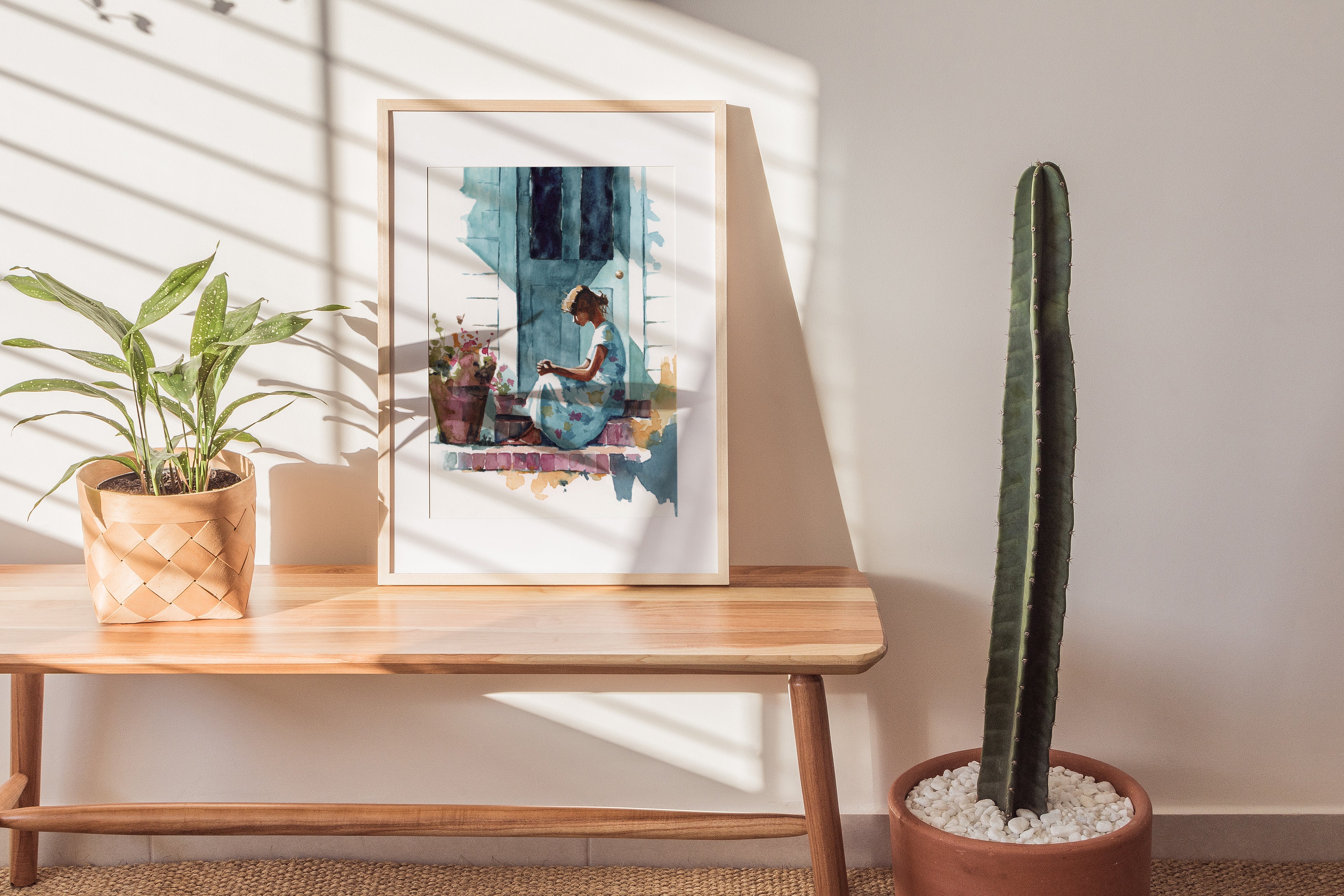 Watercolor Painting of a Christian Woman Praying on a Porch | Faith and Prayer Artwork | Inspirational Christian Wall Art | Religious Home Decor
