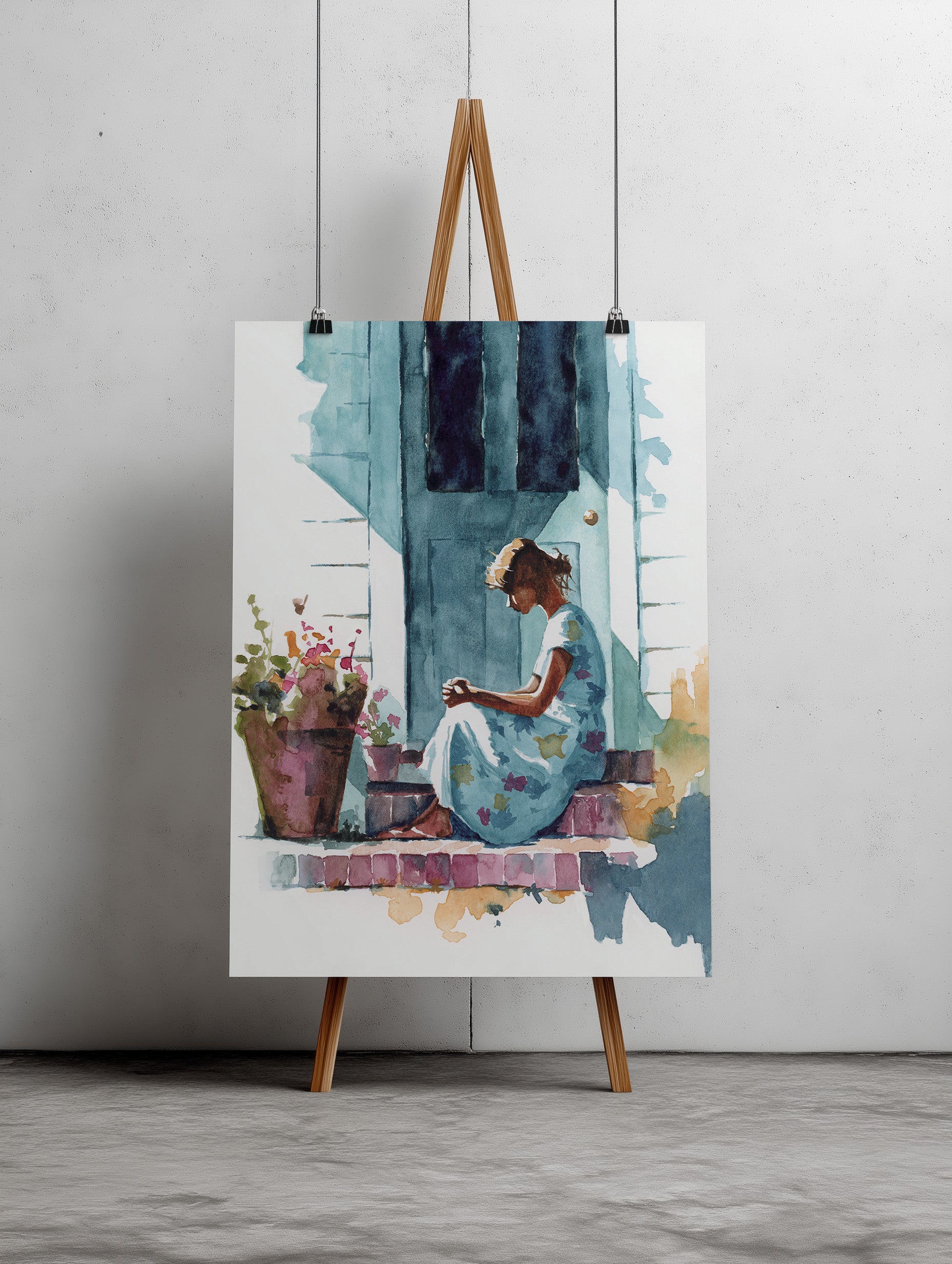 Watercolor Painting of a Christian Woman Praying on a Porch | Faith and Prayer Artwork | Inspirational Christian Wall Art | Religious Home Decor