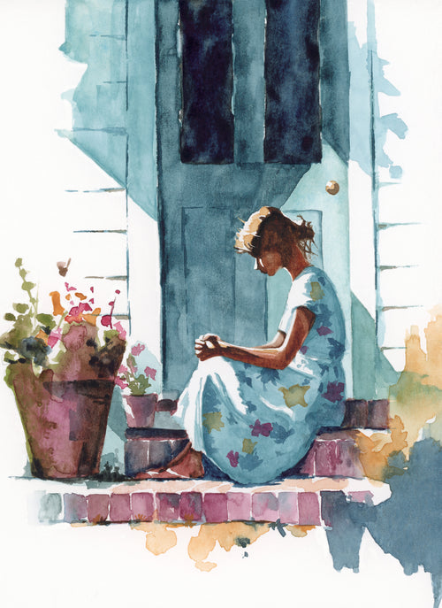 watercolor painting of a young woman praying on a porch with a white house and blue shadows behind her porch is red brick with a flower pot sitting next to her colors are blue tones, yellow tones, red tones and white girl has brown hair 