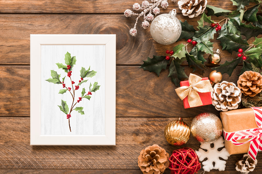 Watercolor Painting of Holly Spray with Red Berries | Botanical Christmas Art Print | Holiday Wall Decor | Winter Nature Watercolor Artwork