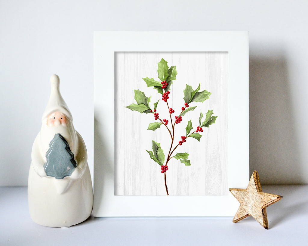 Watercolor Painting of Holly Spray with Red Berries | Botanical Christmas Art Print | Holiday Wall Decor | Winter Nature Watercolor Artwork