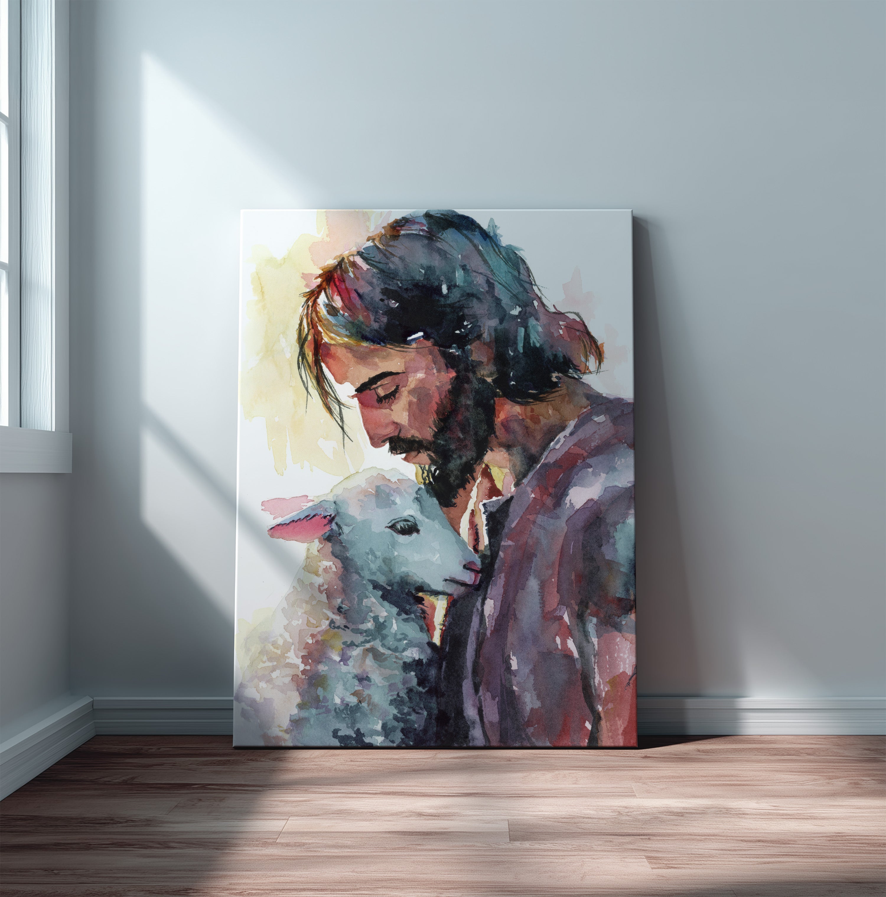 Watercolor Painting of Jesus Christ Holding a Lamb | Christian Wall Art | Religious Watercolor Print | Inspirational Faith Home Decor