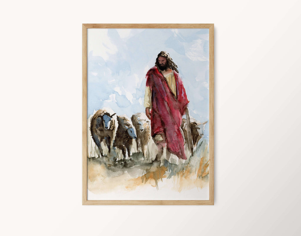 Watercolor painting of Christ dressed in a red robe walking through a field of grasses with 3 sheep there are 3 sheep on his right side and 1 sheep on his left Christ is looking down and there is light blue beautiful skies behind him painting is in a thin