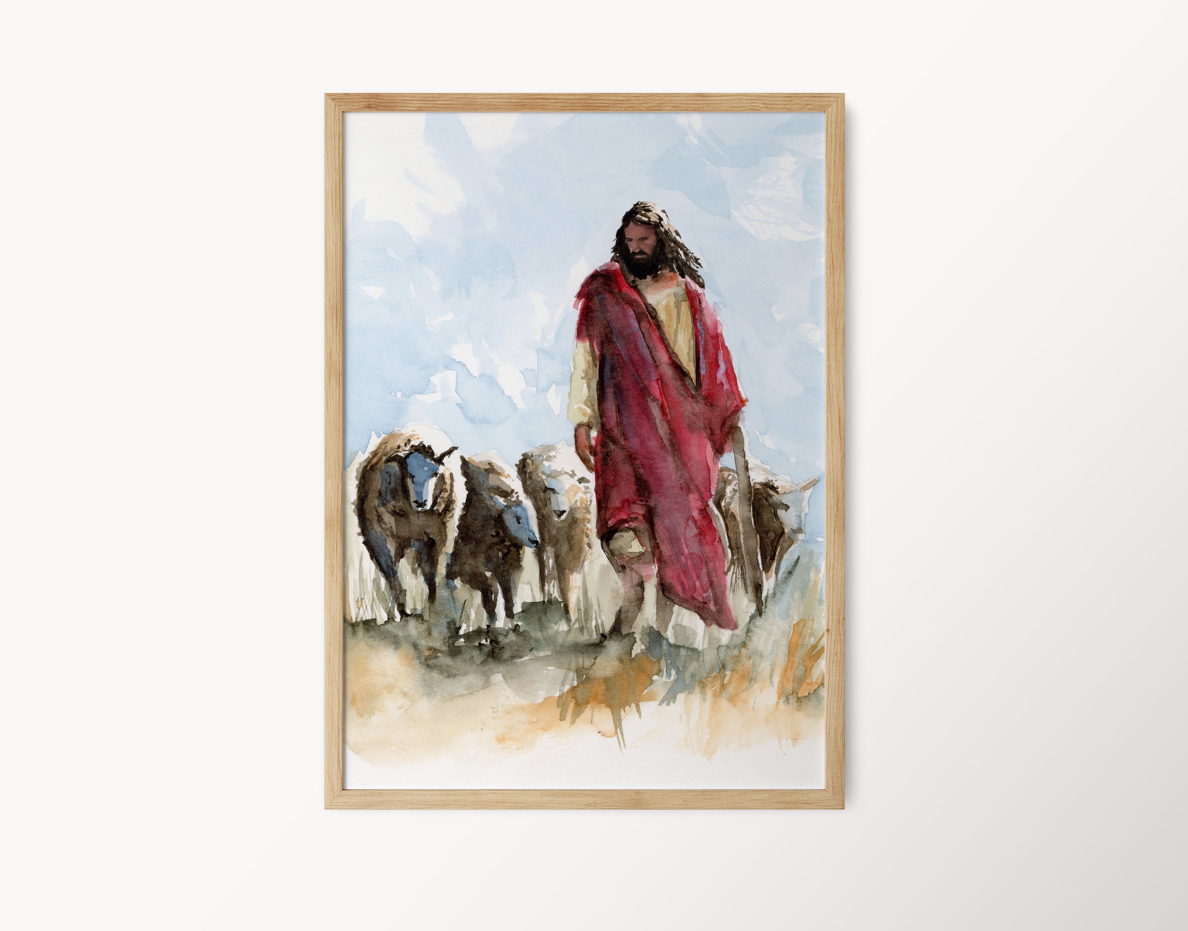 Watercolor Painting of Jesus Christ Walking Through a Field with Sheep | The Good Shepherd | Christian Wall Art | Inspirational Religious Home Decor