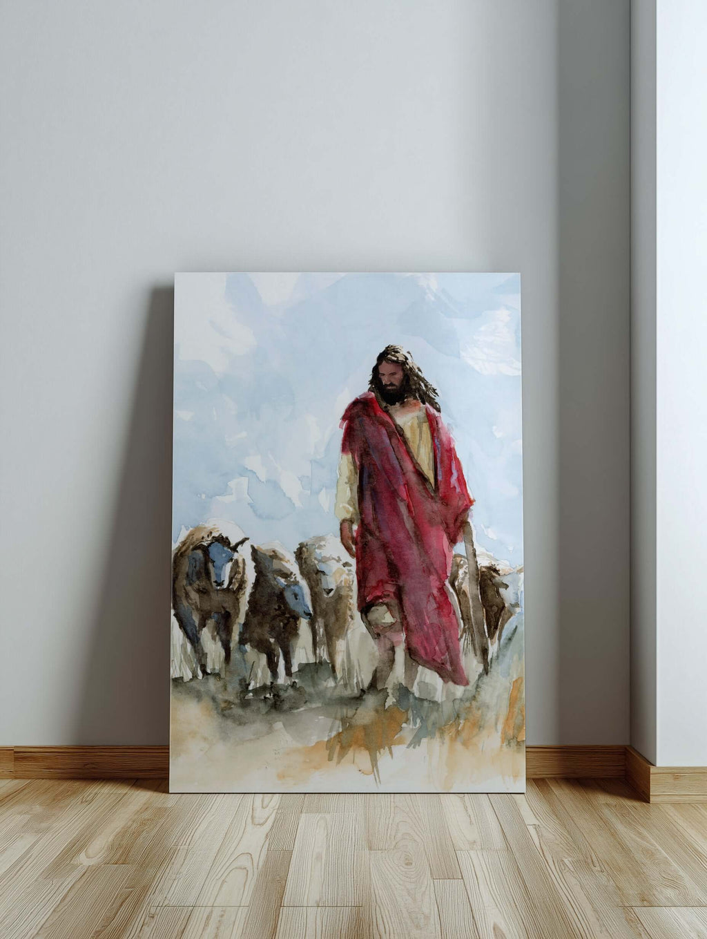 Watercolor painting of Christ dressed in a red robe walking through a field of grasses with 3 sheep there are 3 sheep on his right side and 1 sheep on his left Christ is looking down and there is light blue beautiful skies behind him painting is on a larg