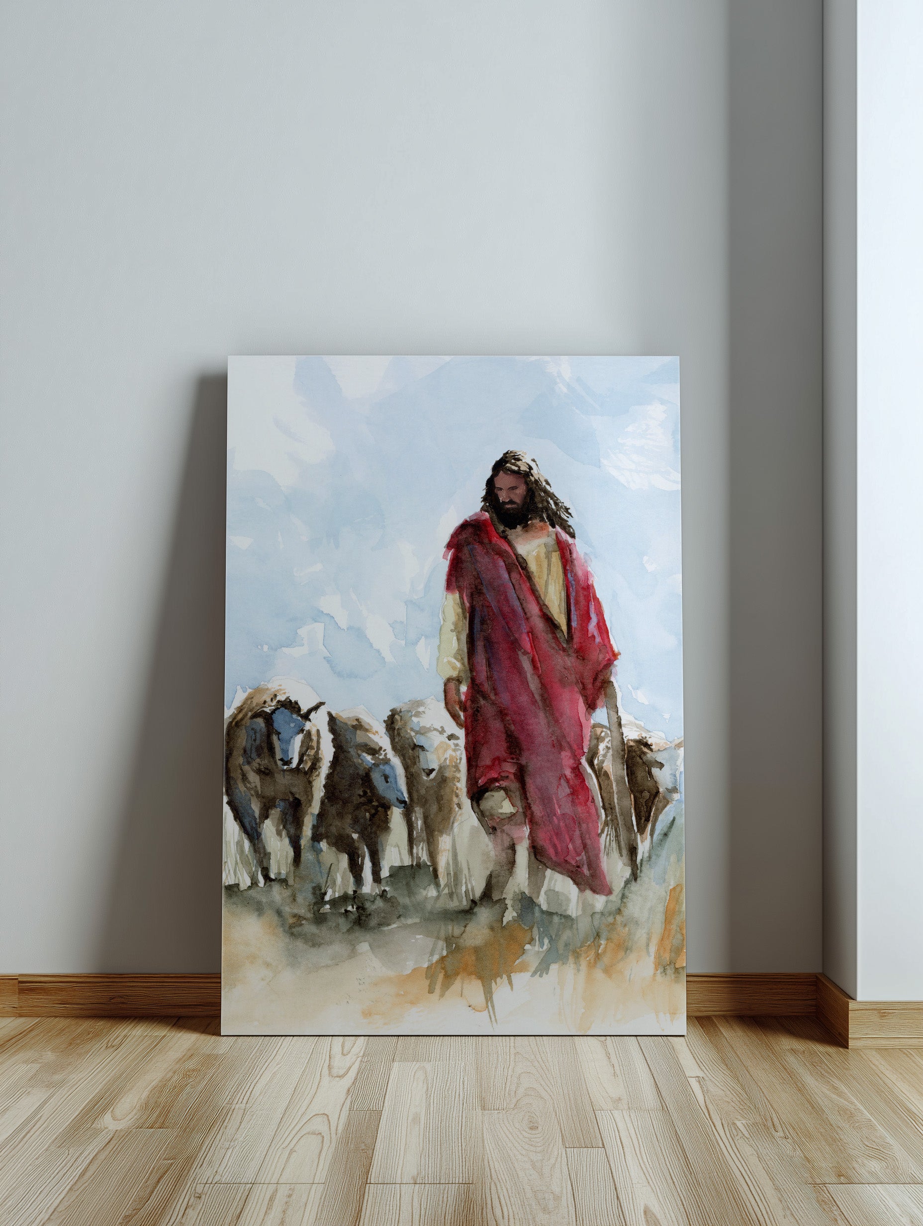 Watercolor Painting of Jesus Christ Walking Through a Field with Sheep | The Good Shepherd | Christian Wall Art | Inspirational Religious Home Decor