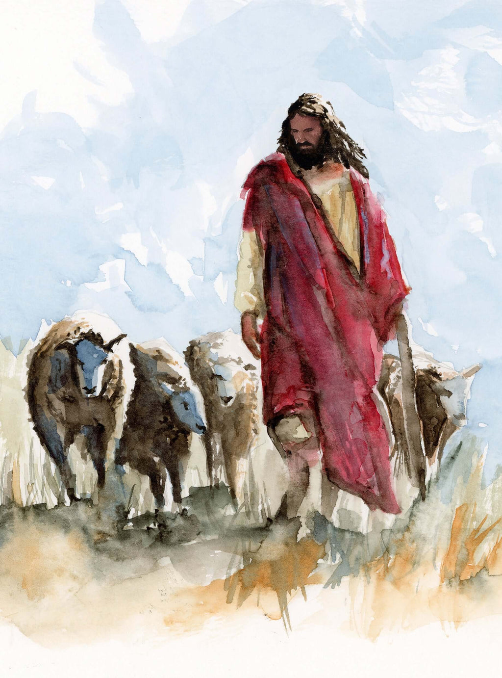 Watercolor painting of Christ dressed in a red robe walking through a field of grasses with 3 sheep there are 3 sheep on his right side and 1 sheep on his left Christ is looking down and there is light blue beautiful skies behind him picture is just of th