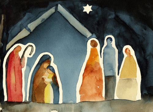 watercolor painting depicting a nativity scene sky is dark with a white star above the stable Mary and Joseph are on the left half of the painting next to a shepherd while 3 wise men are on the right half of the painting Mary is cradling baby Jesus in her
